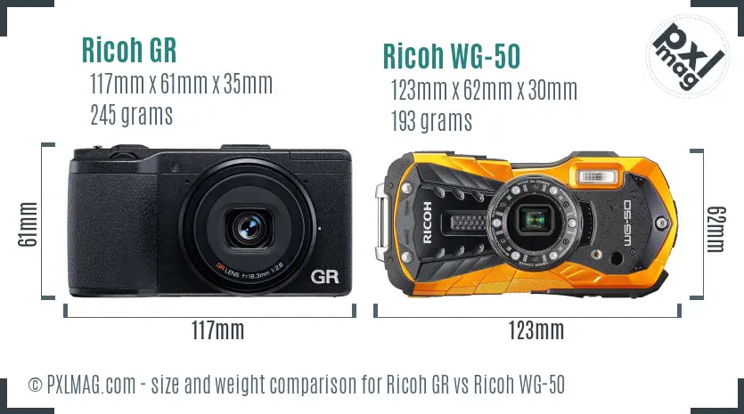 Ricoh GR vs Ricoh WG-50 size comparison