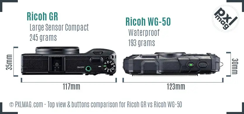 Ricoh GR vs Ricoh WG-50 top view buttons comparison