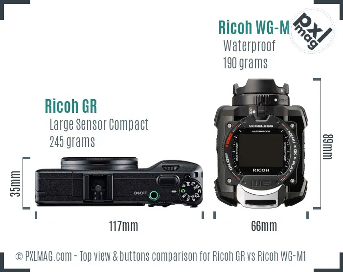 Ricoh GR vs Ricoh WG-M1 top view buttons comparison