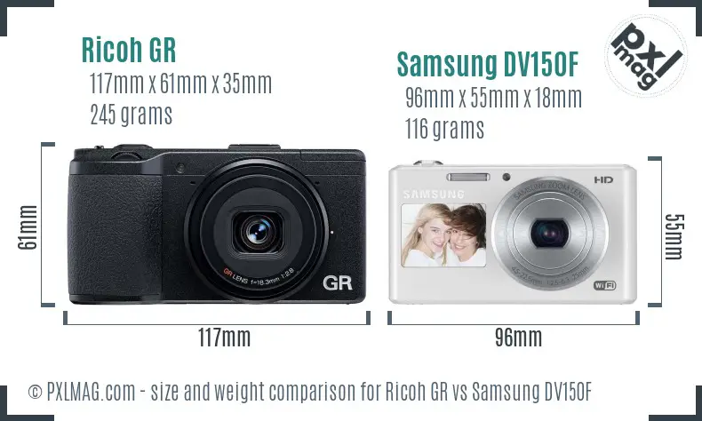 Ricoh GR vs Samsung DV150F size comparison