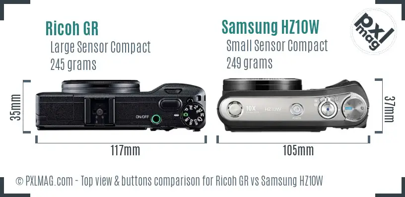 Ricoh GR vs Samsung HZ10W top view buttons comparison