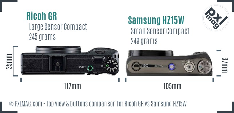 Ricoh GR vs Samsung HZ15W top view buttons comparison