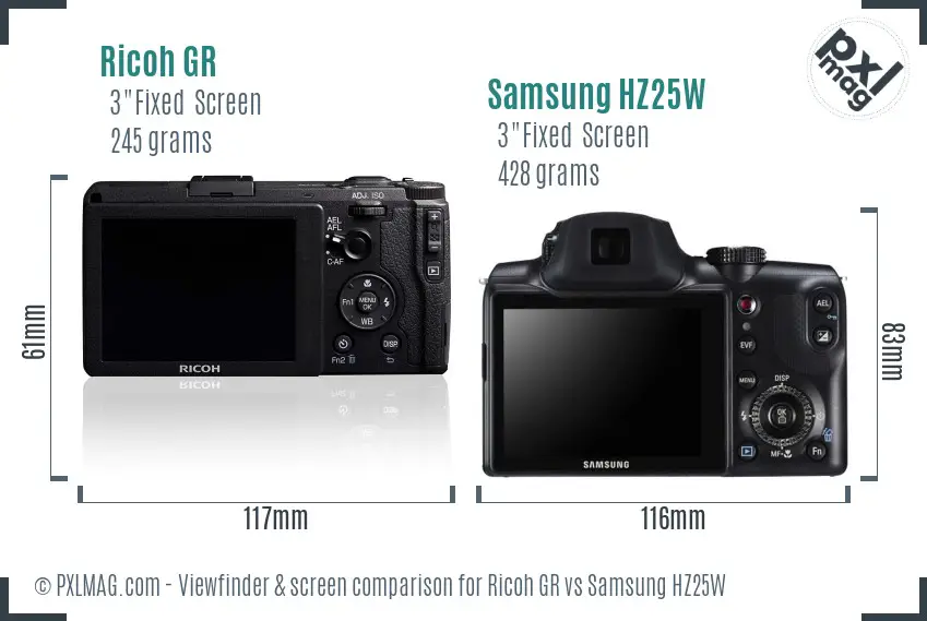 Ricoh GR vs Samsung HZ25W Screen and Viewfinder comparison