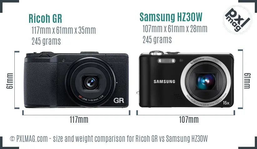 Ricoh GR vs Samsung HZ30W size comparison