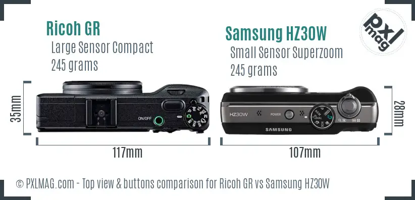 Ricoh GR vs Samsung HZ30W top view buttons comparison