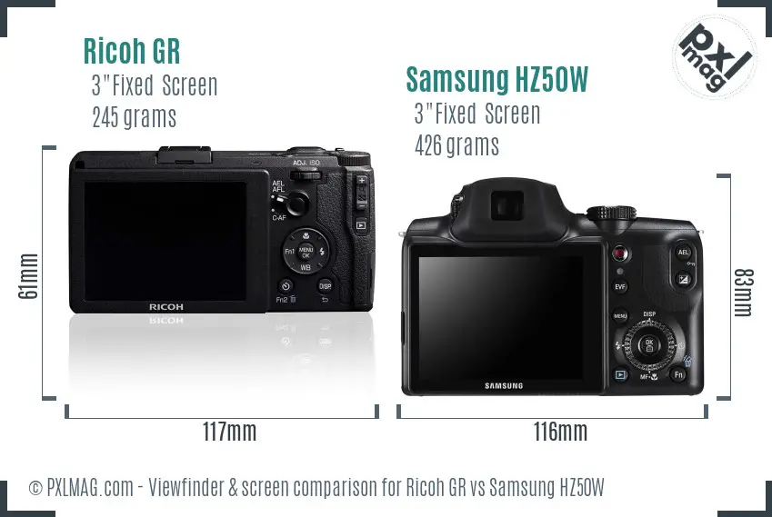 Ricoh GR vs Samsung HZ50W Screen and Viewfinder comparison
