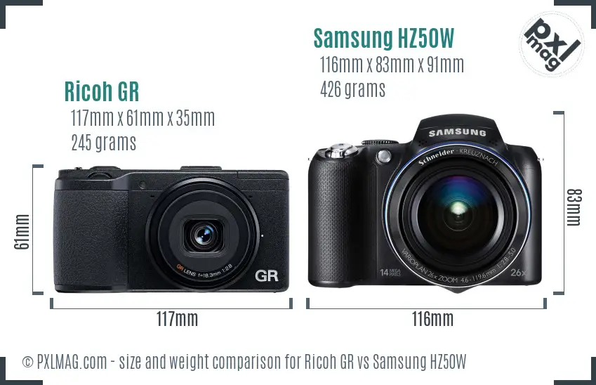 Ricoh GR vs Samsung HZ50W size comparison