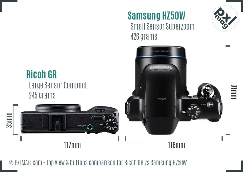 Ricoh GR vs Samsung HZ50W top view buttons comparison