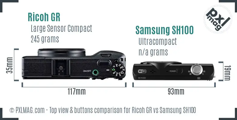 Ricoh GR vs Samsung SH100 top view buttons comparison