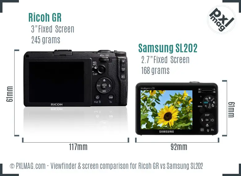 Ricoh GR vs Samsung SL202 Screen and Viewfinder comparison