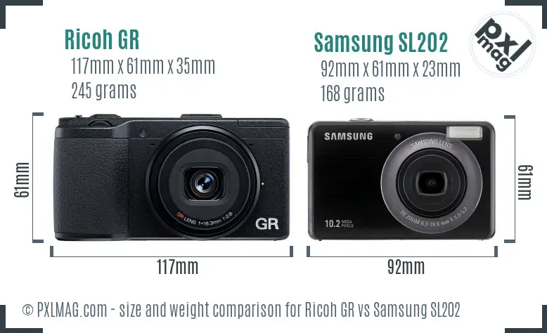 Ricoh GR vs Samsung SL202 size comparison