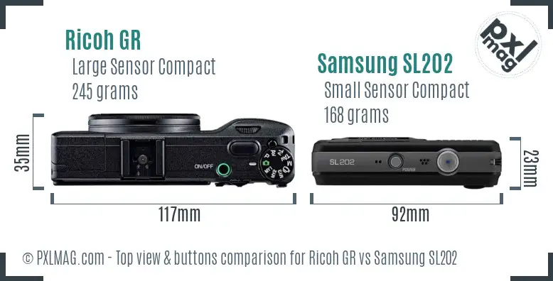 Ricoh GR vs Samsung SL202 top view buttons comparison