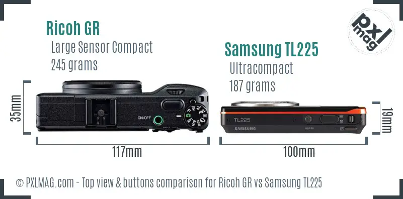 Ricoh GR vs Samsung TL225 top view buttons comparison Ricoh GR vs Samsung TL225 top view buttons comparison