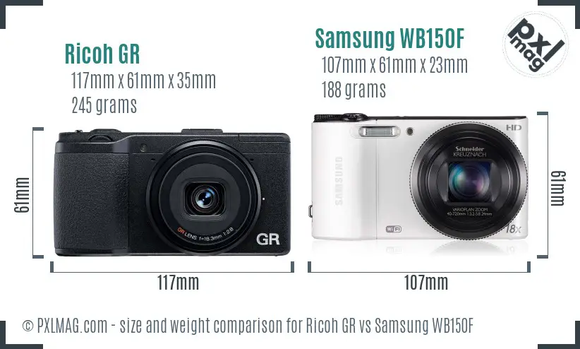 Ricoh GR vs Samsung WB150F size comparison