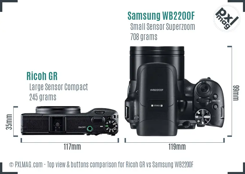 Ricoh GR vs Samsung WB2200F top view buttons comparison