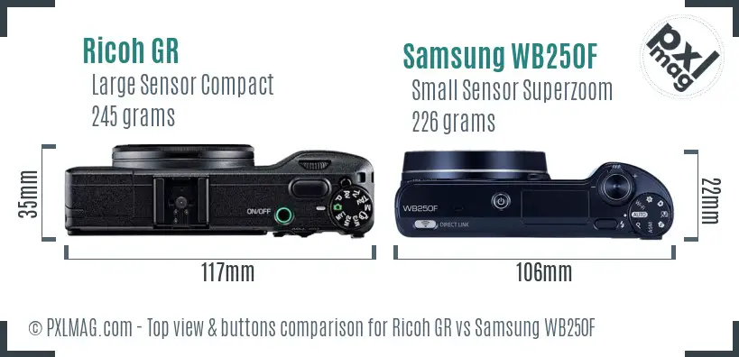 Ricoh GR vs Samsung WB250F top view buttons comparison