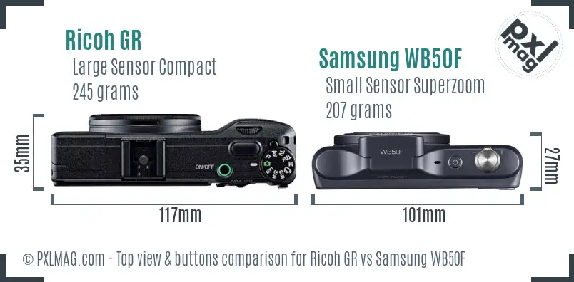 Ricoh GR vs Samsung WB50F top view buttons comparison