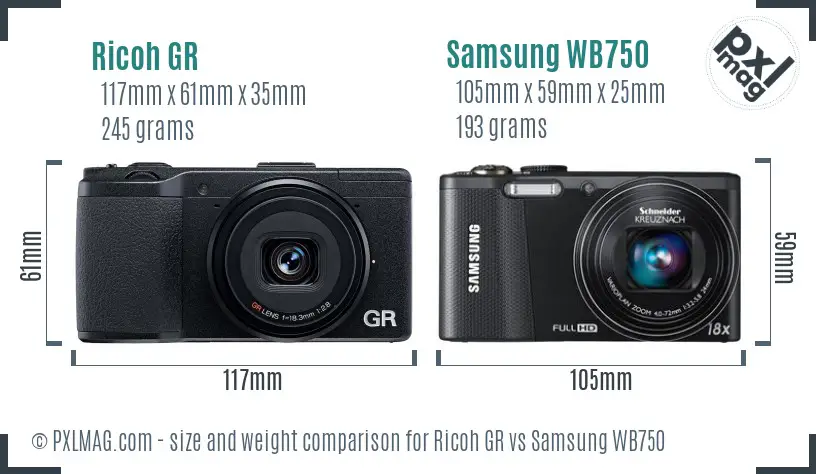 Ricoh GR vs Samsung WB750 size comparison