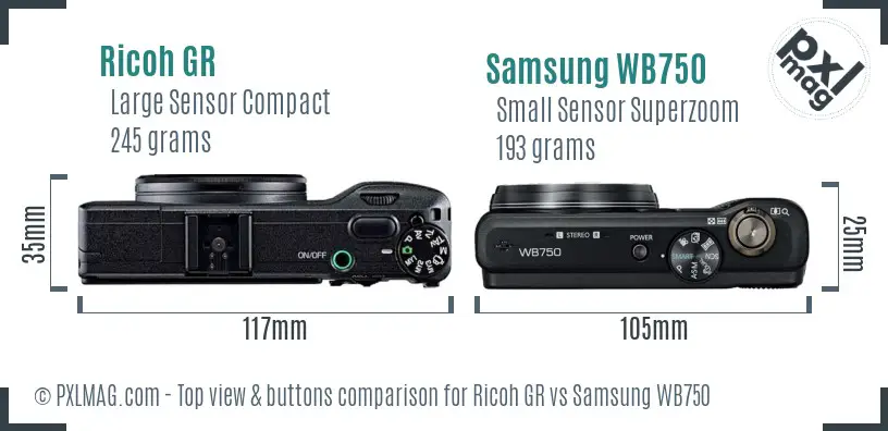 Ricoh GR vs Samsung WB750 top view buttons comparison