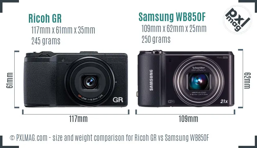 Ricoh GR vs Samsung WB850F size comparison