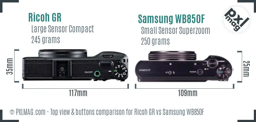 Ricoh GR vs Samsung WB850F top view buttons comparison
