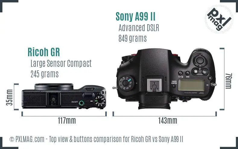 Ricoh GR vs Sony A99 II top view buttons comparison