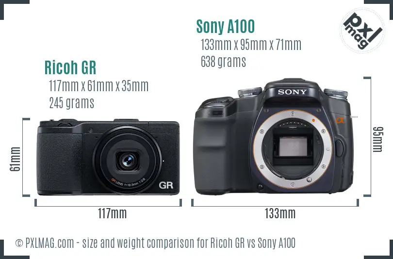 Ricoh GR vs Sony A100 size comparison