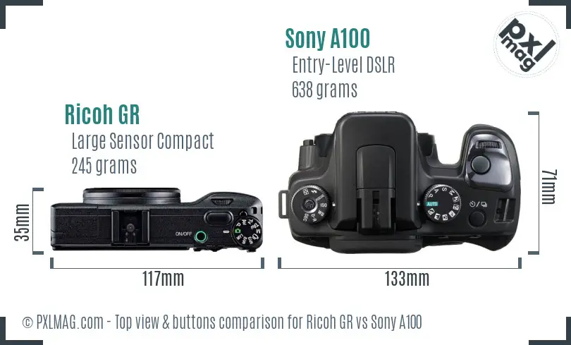 Ricoh GR vs Sony A100 top view buttons comparison