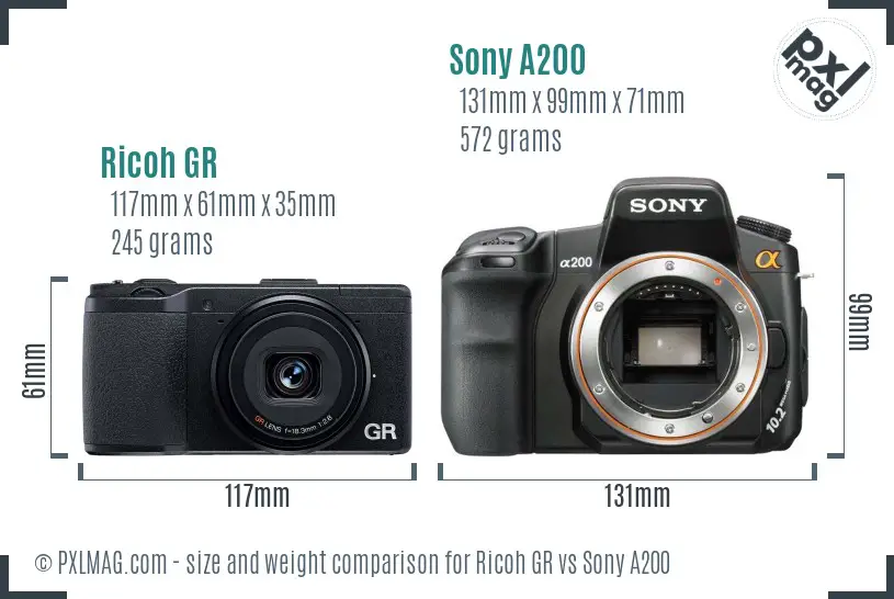 Ricoh GR vs Sony A200 size comparison