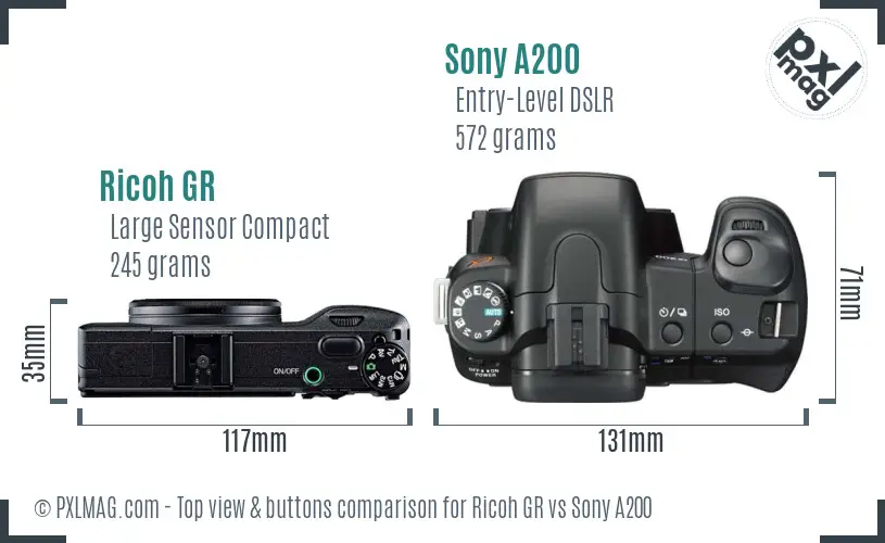 Ricoh GR vs Sony A200 top view buttons comparison