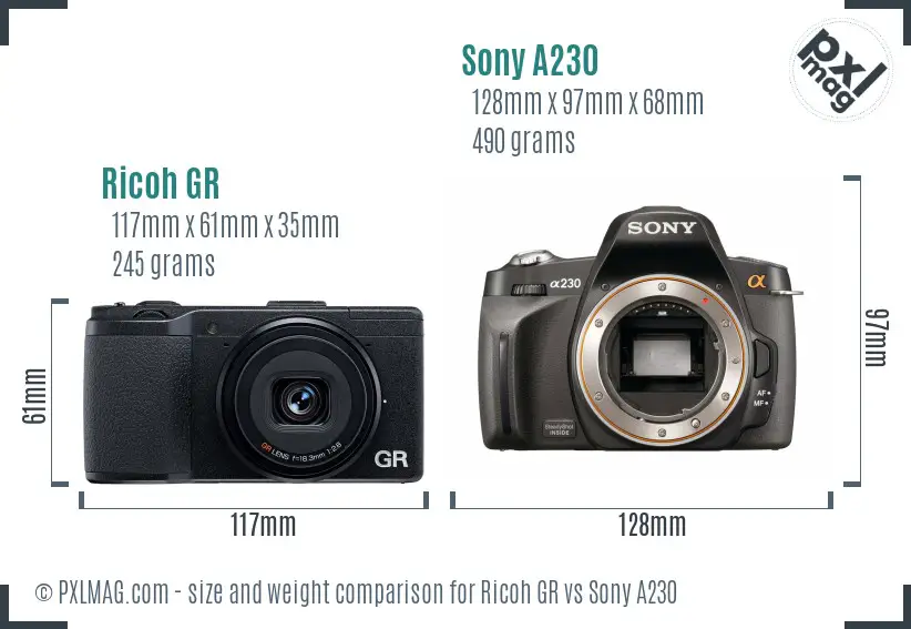 Ricoh GR vs Sony A230 size comparison