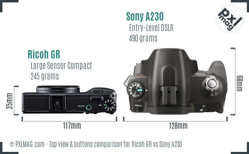 Ricoh GR vs Sony A230 top view buttons comparison