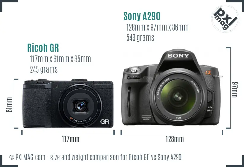 Ricoh GR vs Sony A290 size comparison