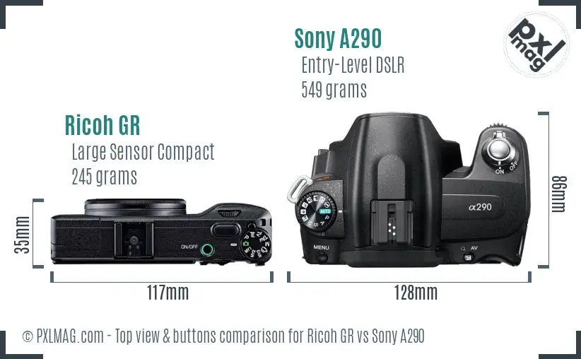 Ricoh GR vs Sony A290 top view buttons comparison