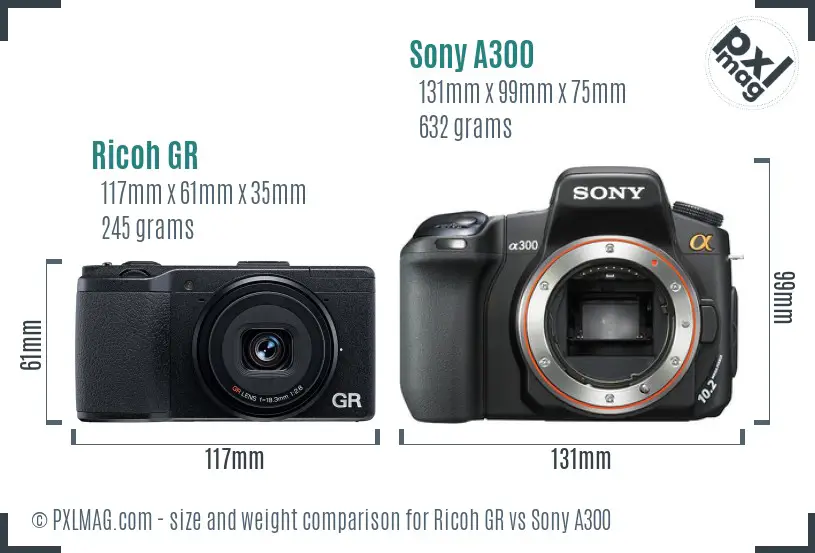 Ricoh GR vs Sony A300 size comparison