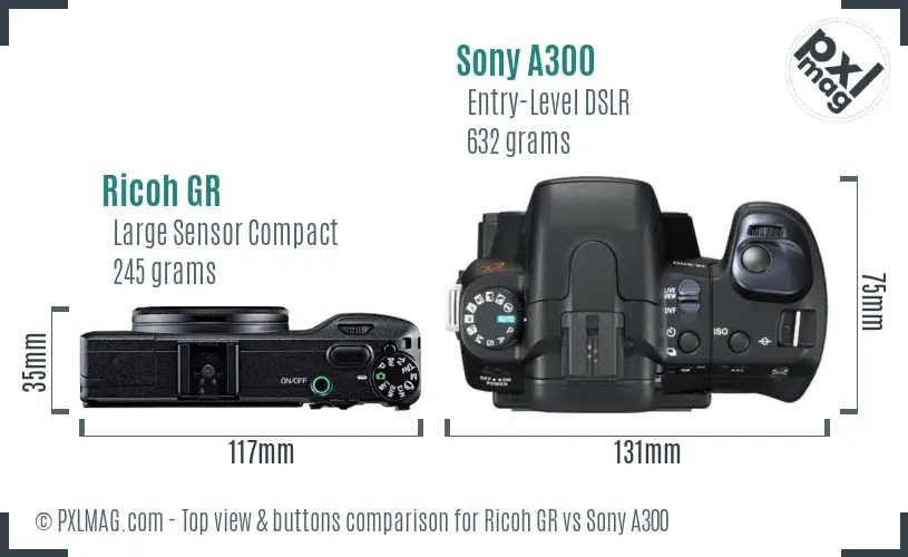 Ricoh GR vs Sony A300 top view buttons comparison