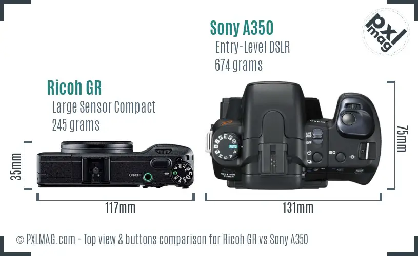 Ricoh GR vs Sony A350 top view buttons comparison