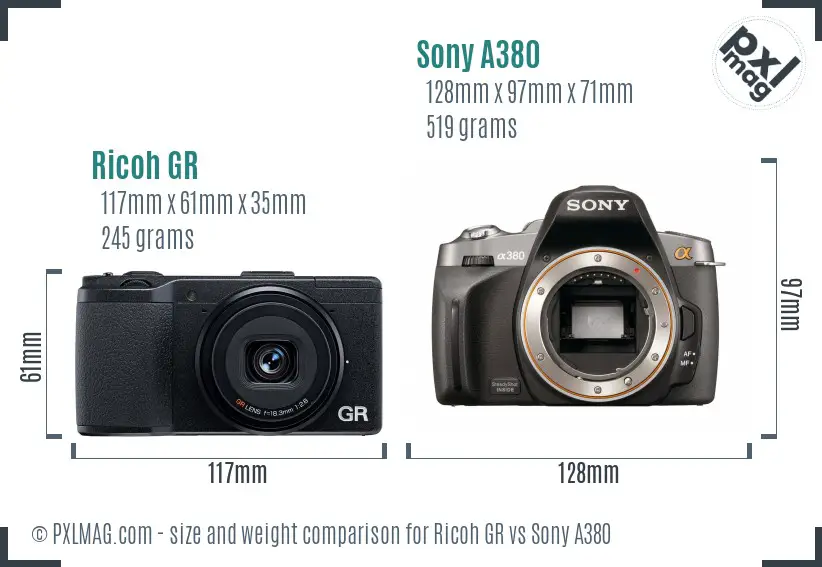 Ricoh GR vs Sony A380 size comparison