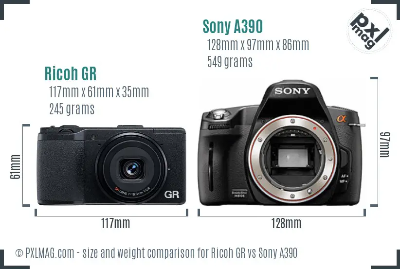 Ricoh GR vs Sony A390 size comparison