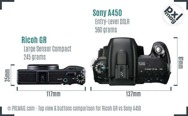 Ricoh GR vs Sony A450 top view buttons comparison