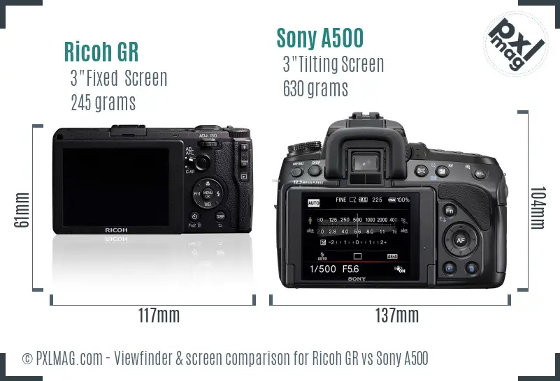 Ricoh GR vs Sony A500 Screen and Viewfinder comparison