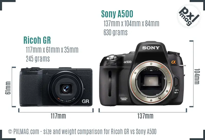 Ricoh GR vs Sony A500 size comparison