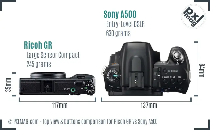 Ricoh GR vs Sony A500 top view buttons comparison