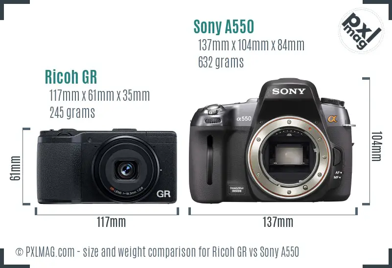 Ricoh GR vs Sony A550 size comparison