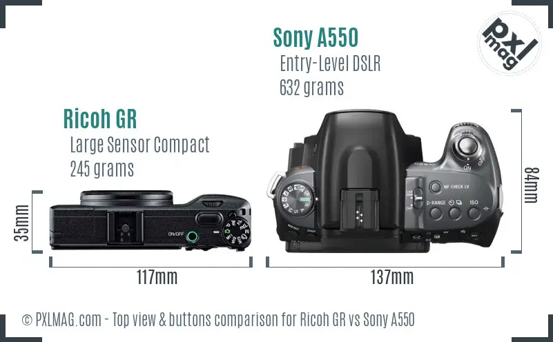Ricoh GR vs Sony A550 top view buttons comparison