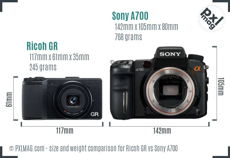 Ricoh GR vs Sony A700 size comparison