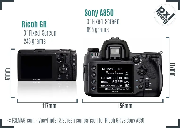 Ricoh GR vs Sony A850 Screen and Viewfinder comparison