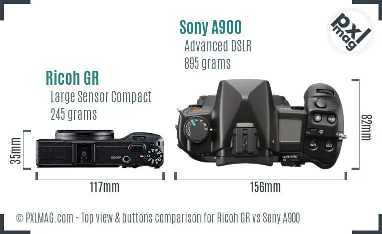 Ricoh GR vs Sony A900 top view buttons comparison