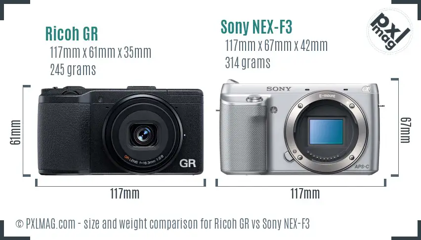Ricoh GR vs Sony NEX-F3 size comparison