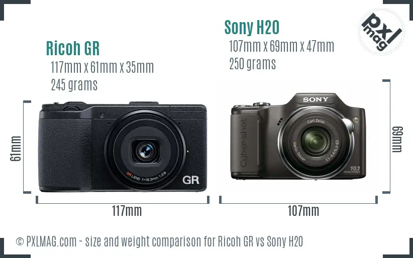 Ricoh GR vs Sony H20 size comparison